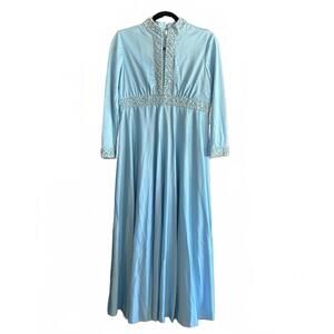 Vintage Formal Gown S/M Blue Empire Waist Beaded Victorian Dress 1960s